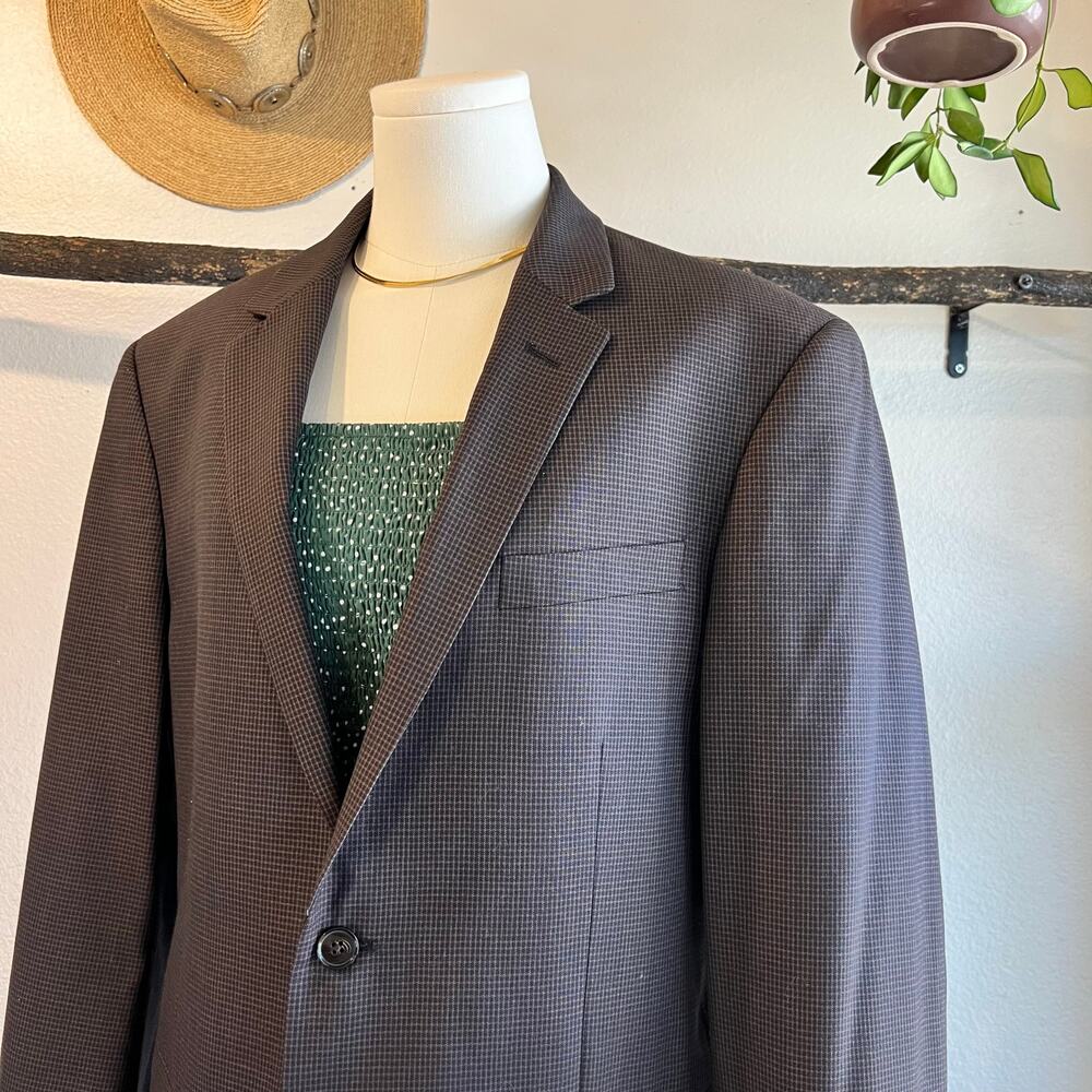 90s Kenneth Cole Brown Wool Checkered Double Button Blazer Jacket Size Small